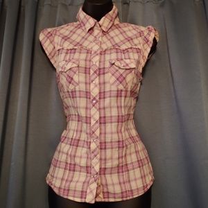 Plaid button-down sleeveless top
